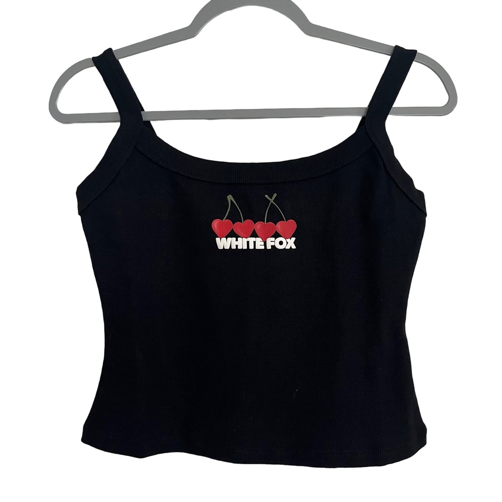 White Fox Club 14 Taylah Singlet Women L Black NWT Heart Cherry Ribbed Tank